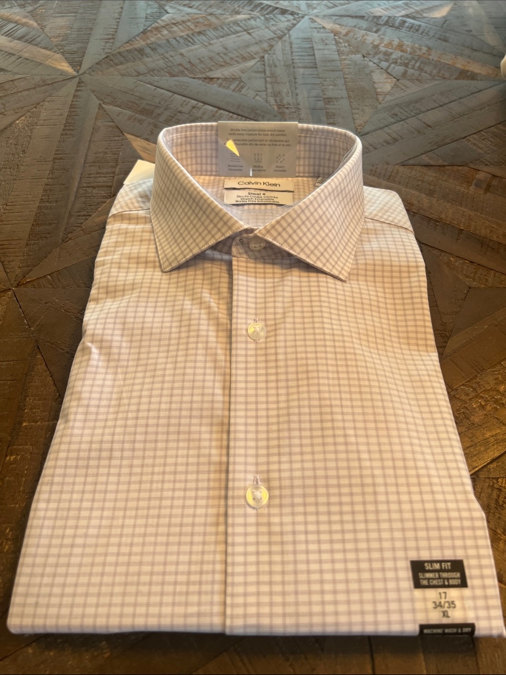 Calvin Klein Slim Fit Steel+ Men's White & Lavender Windowpane Dress Shirt